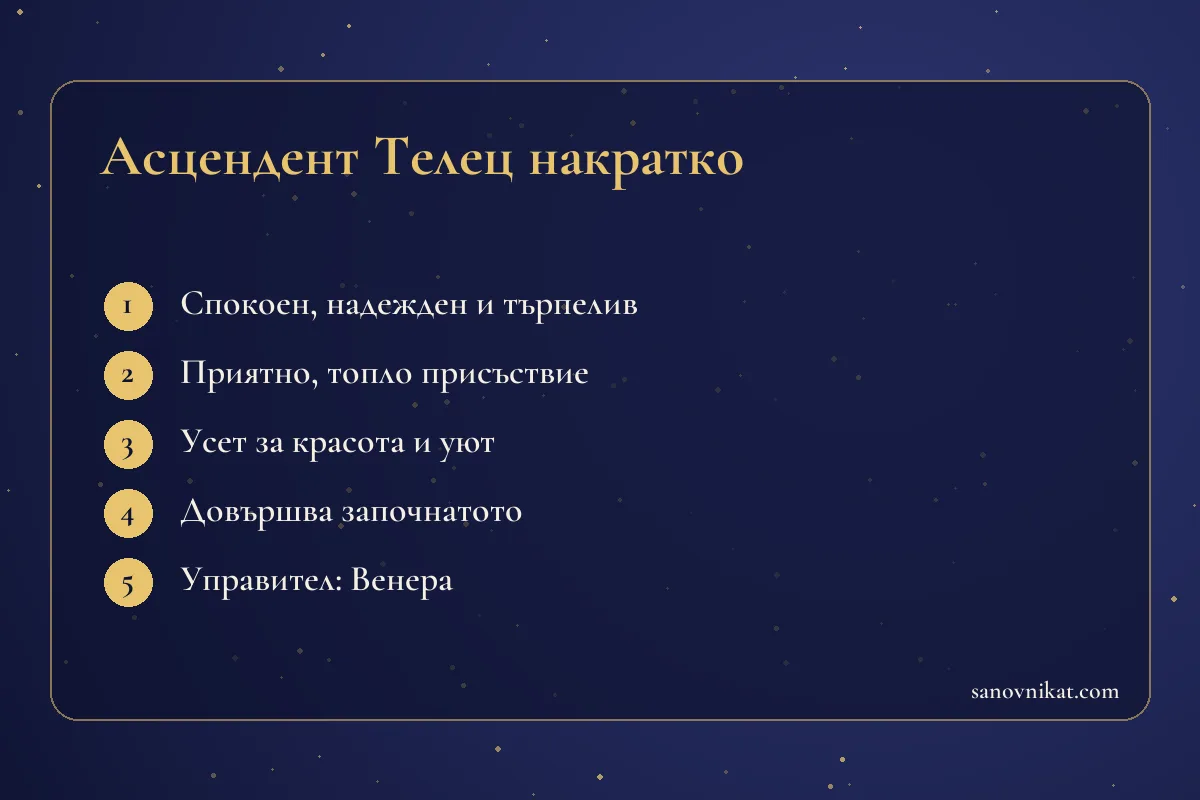 Карта с основните черти на асцендент Телец