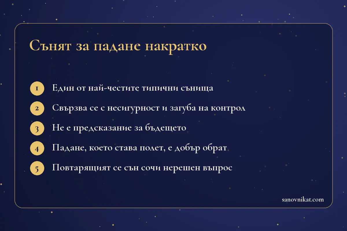 Карта с основните тълкувания на съня за падане