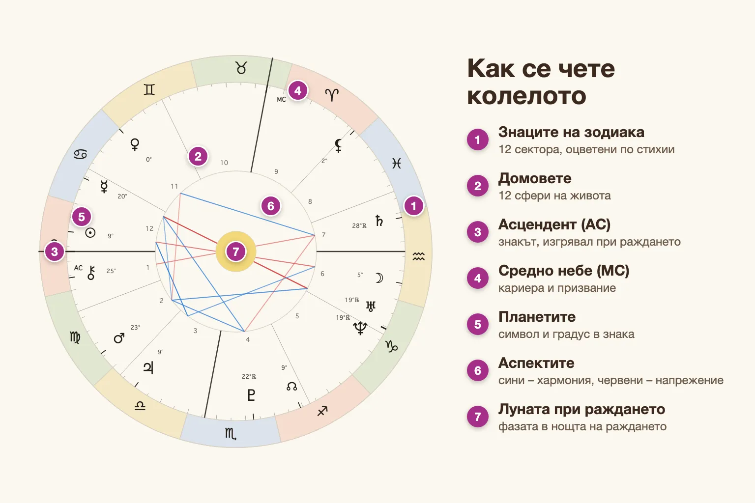 Как се чете колелото на наталната карта: знаци, домове, Асцендент, Средно небе, планети, аспекти и Луната при раждането