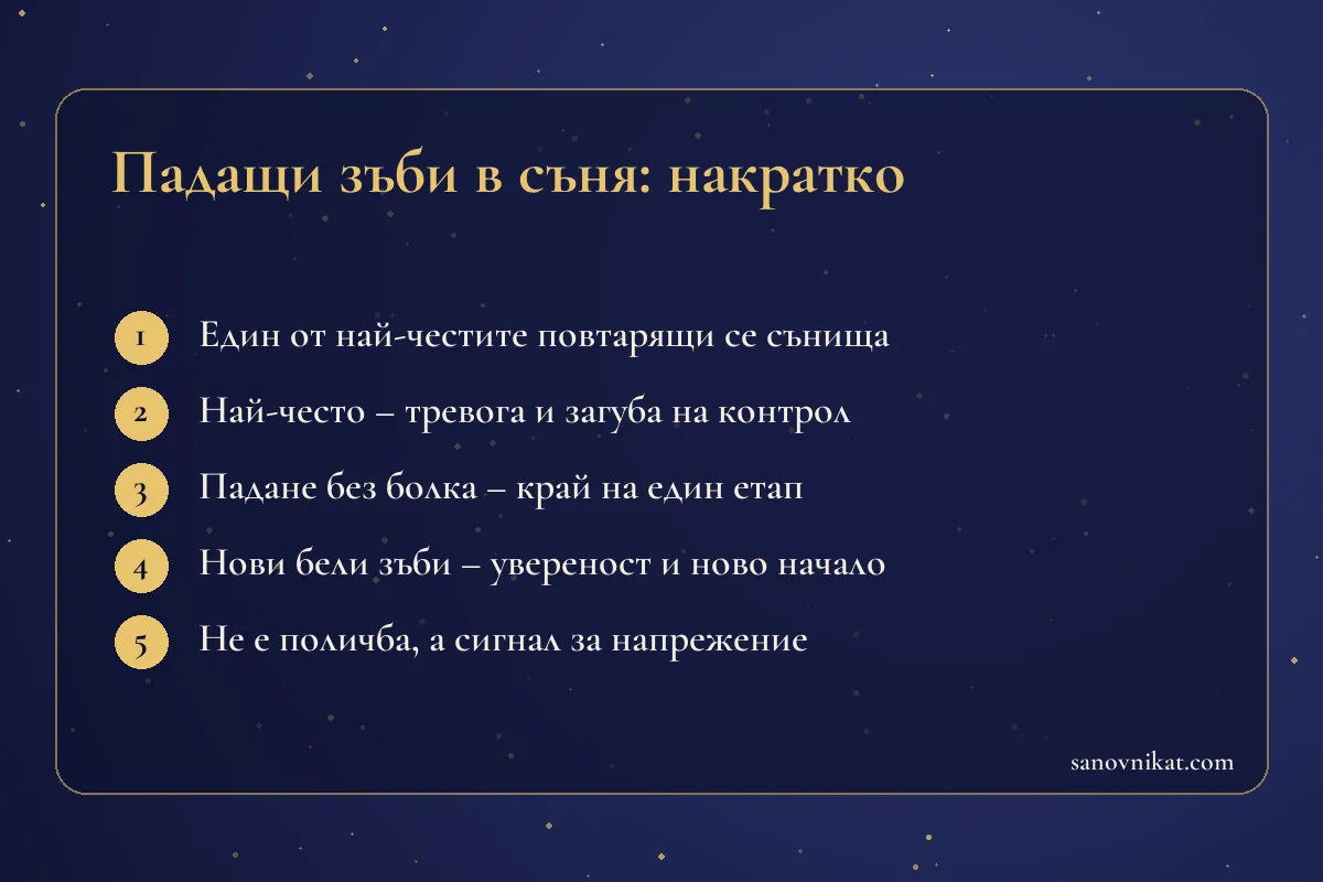 Карта с основните значения на съня за падащи зъби