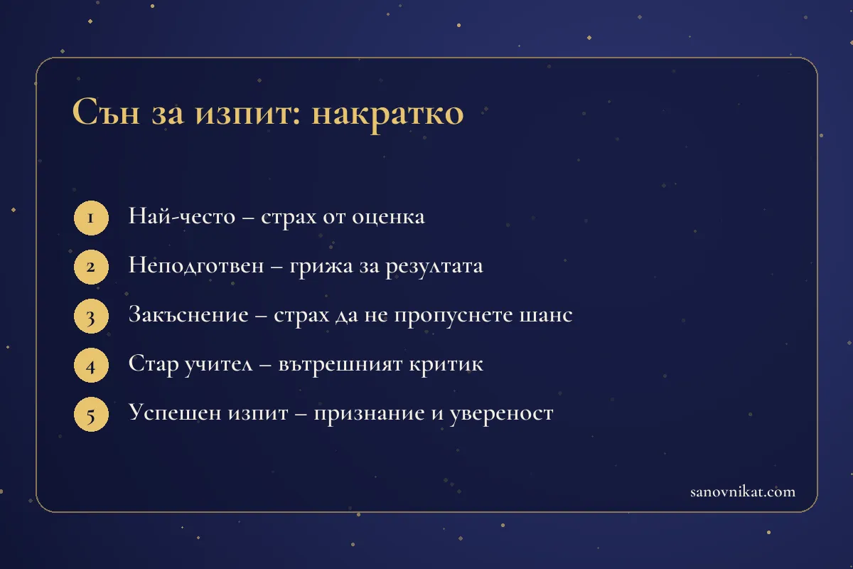 Карта с основните значения на съня за изпит и училище