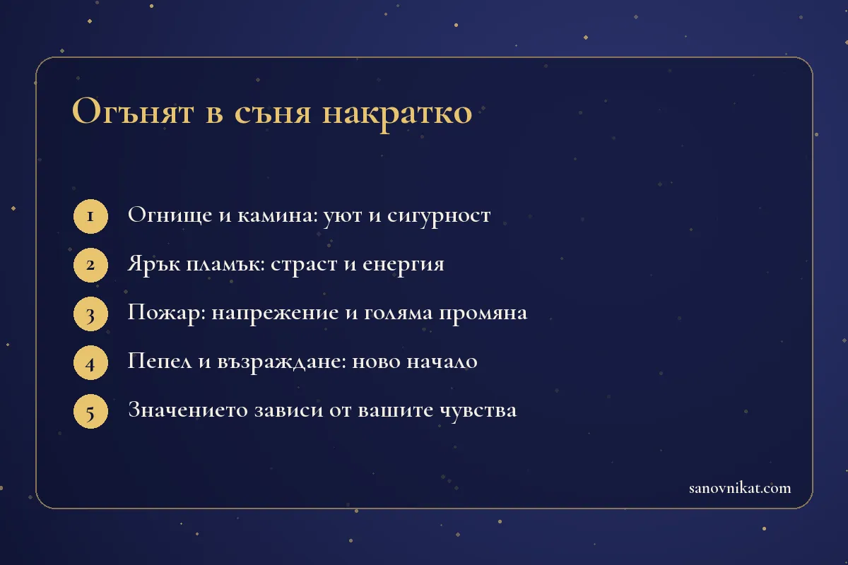 Карта с основните тълкувания на съня за огън