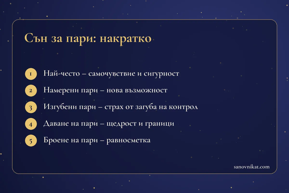 Карта с основните значения на съня за пари