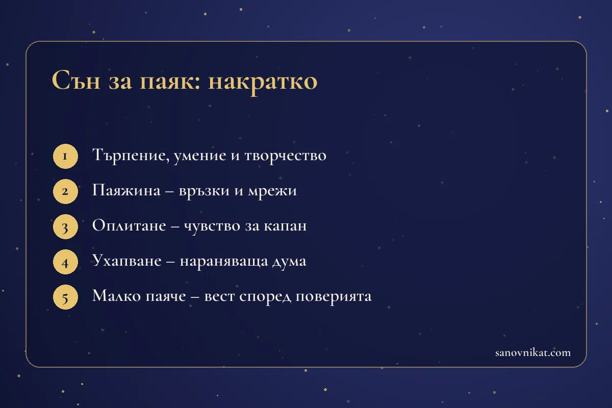 Карта с основните значения на съня за паяк