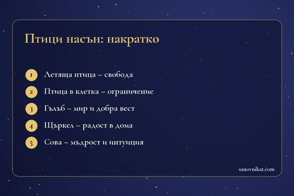 Карта с основните тълкувания на съня за птици