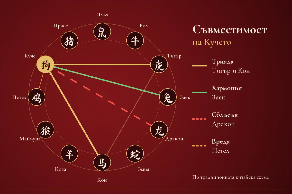 Схема на съвместимостта на Кучето в китайския зодиак