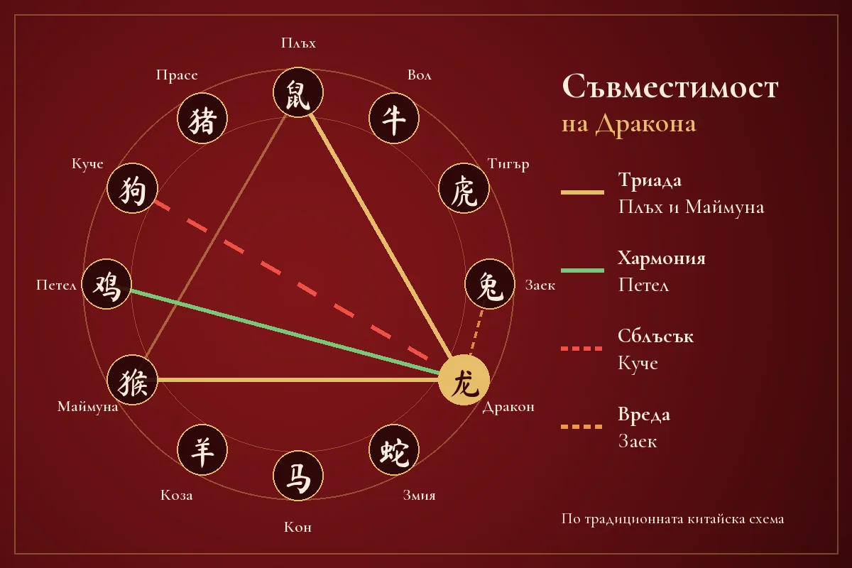 Схема на съвместимостта на Дракона в китайския зодиак